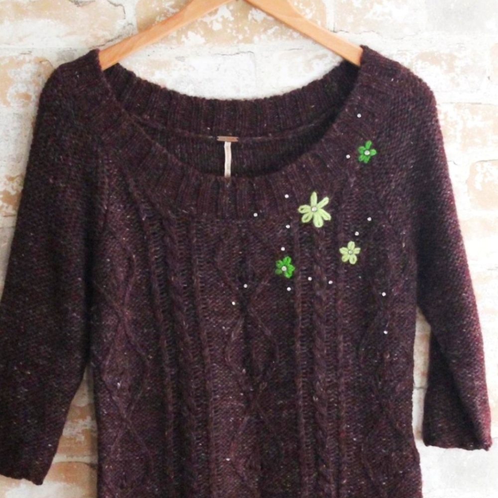 Free People Flower Embroidered Sweater 3/4 Sleeves